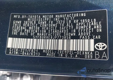 2018 Toyota Corolla Le from USA, damaged, VIN 5YFBURHE8JP773856